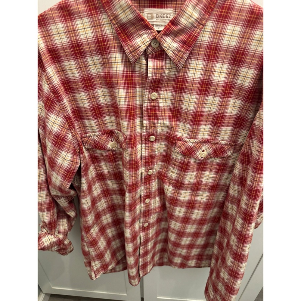 BKE 67 Mens Red‎ Plaid Long Sleeve Button Down Shirt Two Pocket Large